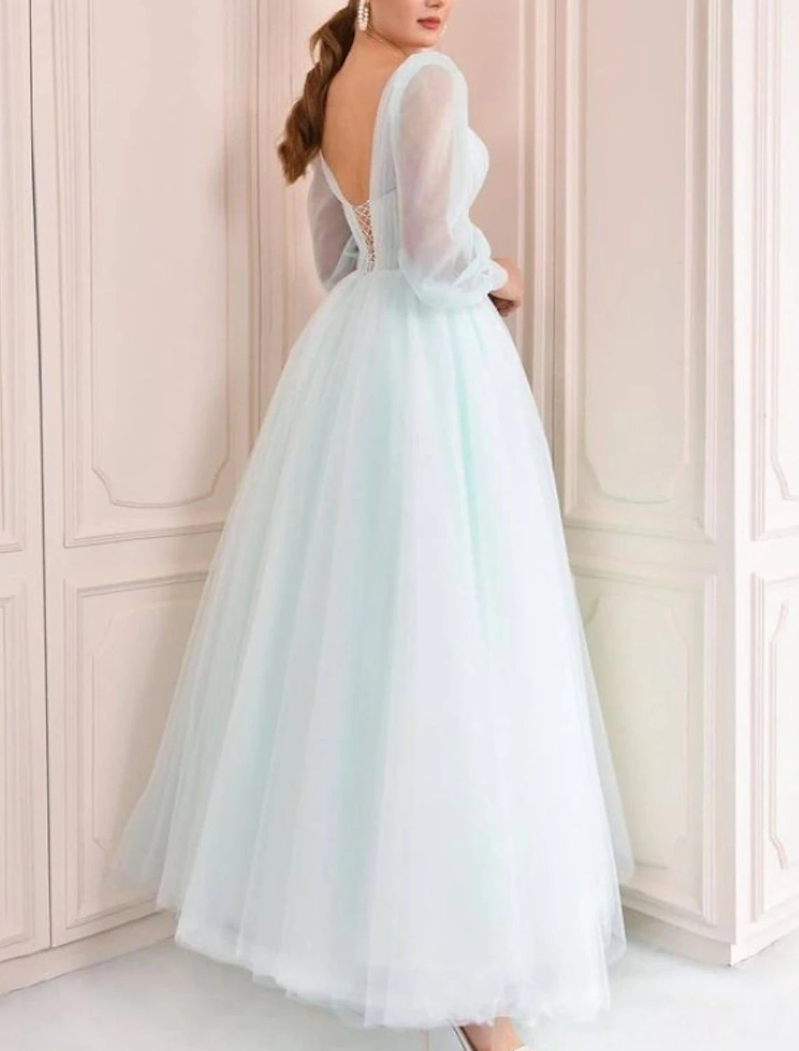 A-Line Minimalist Elegant Party Wear Prom Dress V Neck Long Sleeve Floor Length Tulle with Pleats