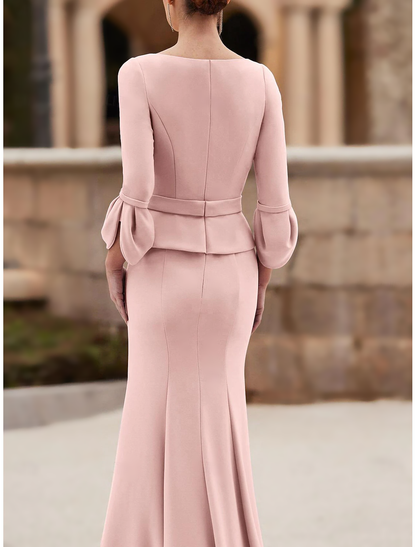 Mermaid / Trumpet Mother of the Bride Dress Wedding Guest Elegant Jewel Neck Floor Length Chiffon Crepe 3/4 Length Sleeve with Crystal Brooch stretch dress free custom size
