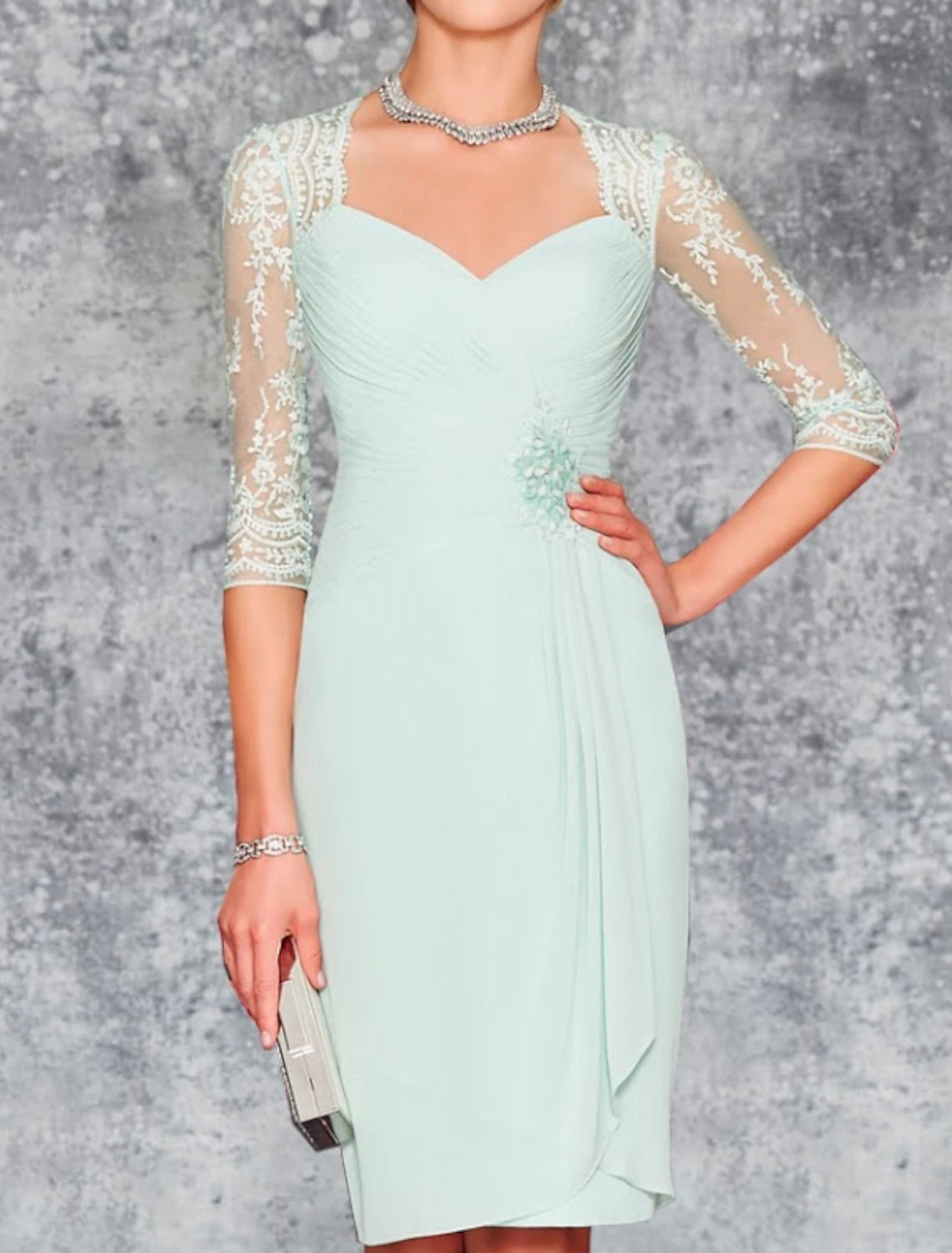 Vestido de dos piezas para madre de la novia, estilo tubo/columna, para invitada de boda, iglesia, elegante, talla grande, escote corazón, largo hasta la rodilla, gasa, encaje, manga 3/4, cruzado incluido, chaqueta, vestidos con pliegues y bordado