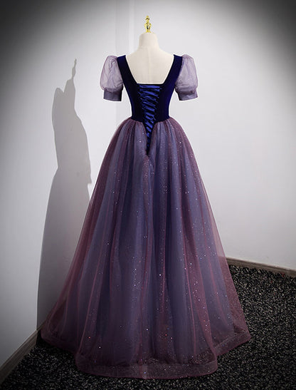 A-Linien-Ballkleider, Sparkle &amp; Shine-Kleid, Hochzeitsgast-Ballkleid, bodenlang, kurze Ärmel, U-Ausschnitt, Tüll mit Pailletten