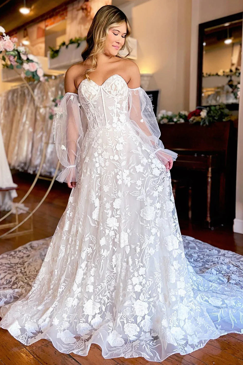 A-Line Sweetheart Corset Long Sleeves Long Lace Wedding Dress