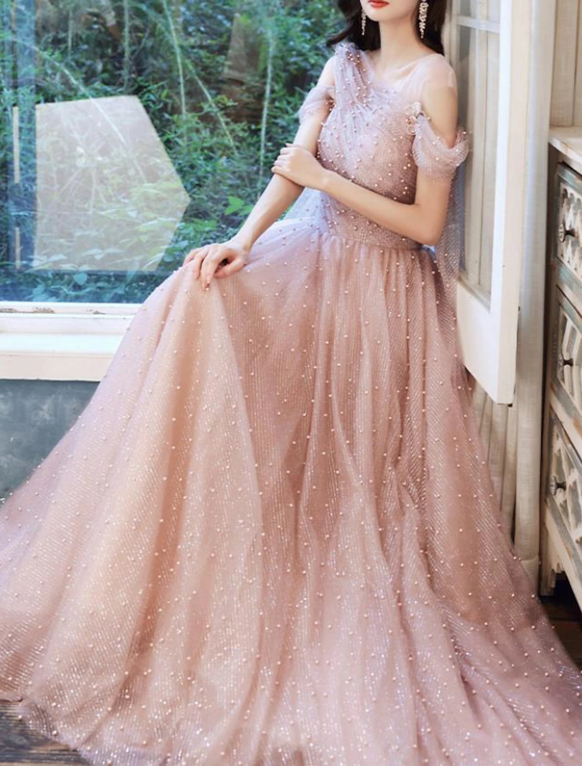 A-Line Prom Dresses Elegant Dress Wedding Guest Engagement Floor Length Sleeveless Illusion Neck Tulle with Pleats Beading