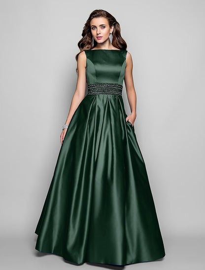 A-Line Elegant Dress Wedding Guest Prom Floor Length Sleeveless Boat Neck Pocket Satin with Pleats Beading