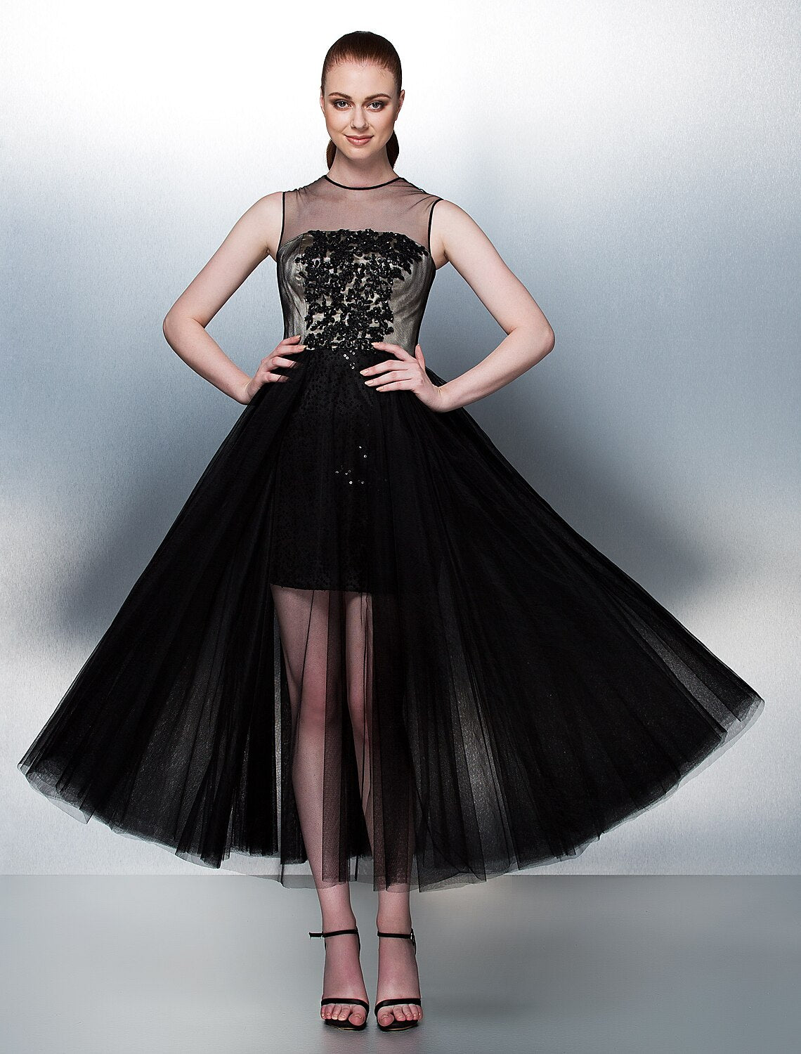 Ball Gown Illusion Neck Tea Length Tulle Celebrity Style Prom / Formal Evening Dress with Beading / Sequin / Appliques