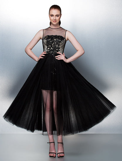 Ball Gown Illusion Neck Tea Length Tulle Celebrity Style Prom / Formal Evening Dress with Beading / Sequin / Appliques