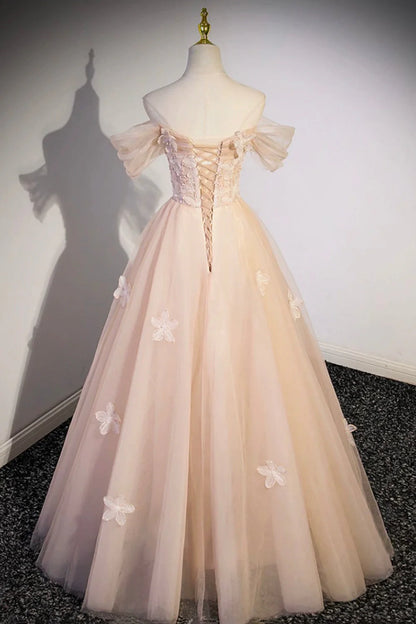 A-line Off Shoulder Cute Flowers Tulle Long Formal Dresses Evening Dresses