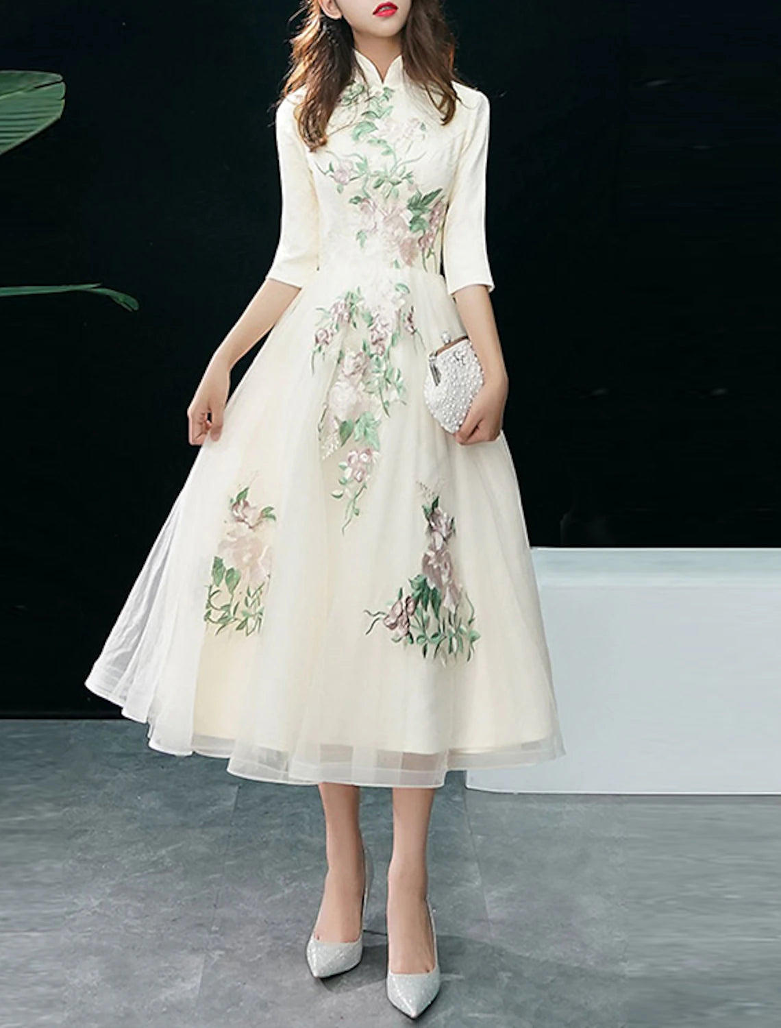 A-Line Cocktail Dresses Elegant Dress Wedding Guest Party Wear Tea Length Half Sleeve Stand Collar Tulle with Appliques