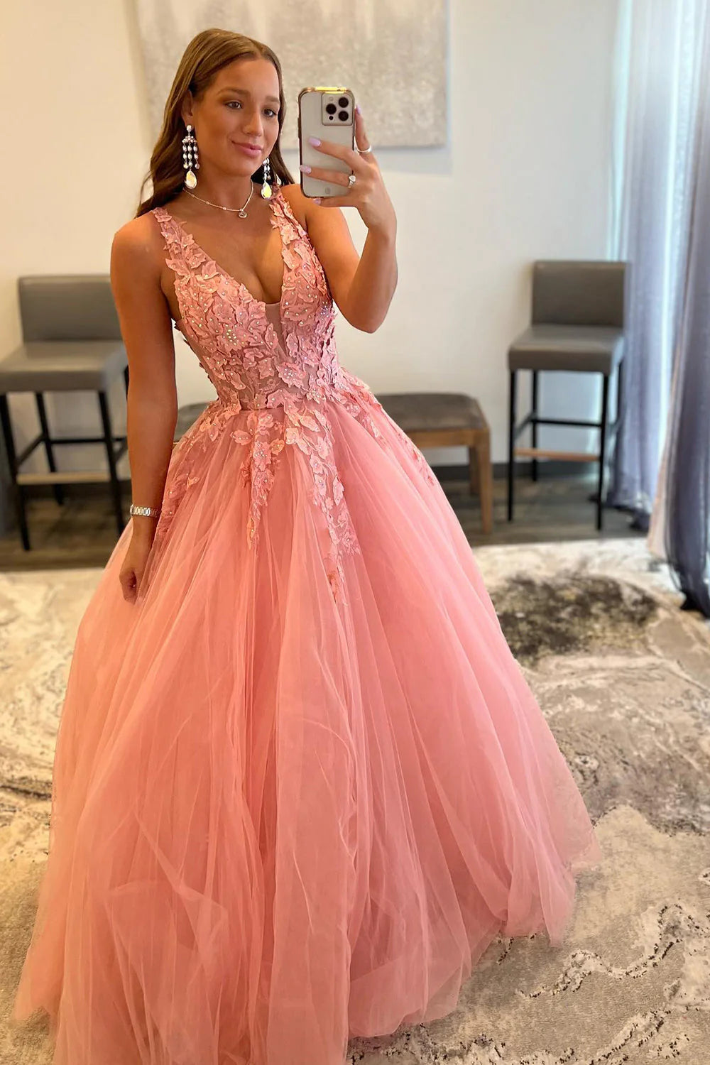 A Line Appliques Deep V Neck Long Prom Dress