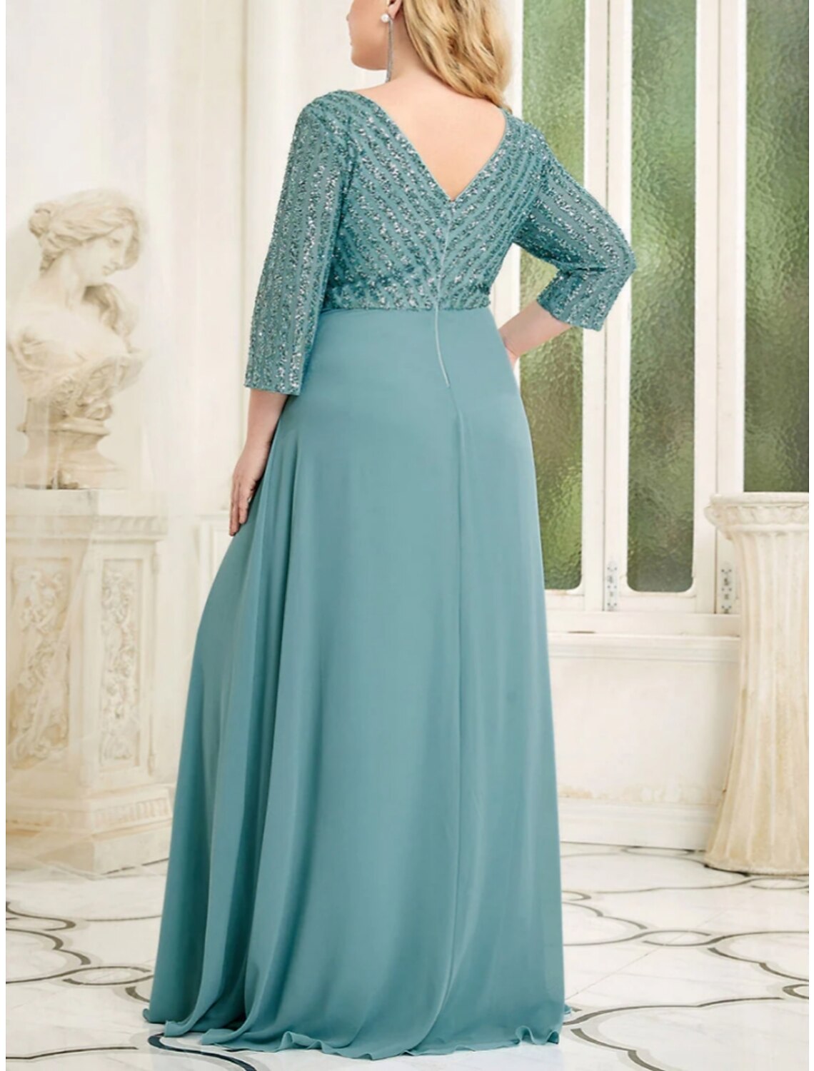 Vestido de madre de la novia con corte A, talla grande, curvas, para invitada de boda, brillo y resplandor, elegante, escote en V, largo hasta el suelo, gasa con lentejuelas, manga 3/4 con pliegues, lentejuelas, color liso