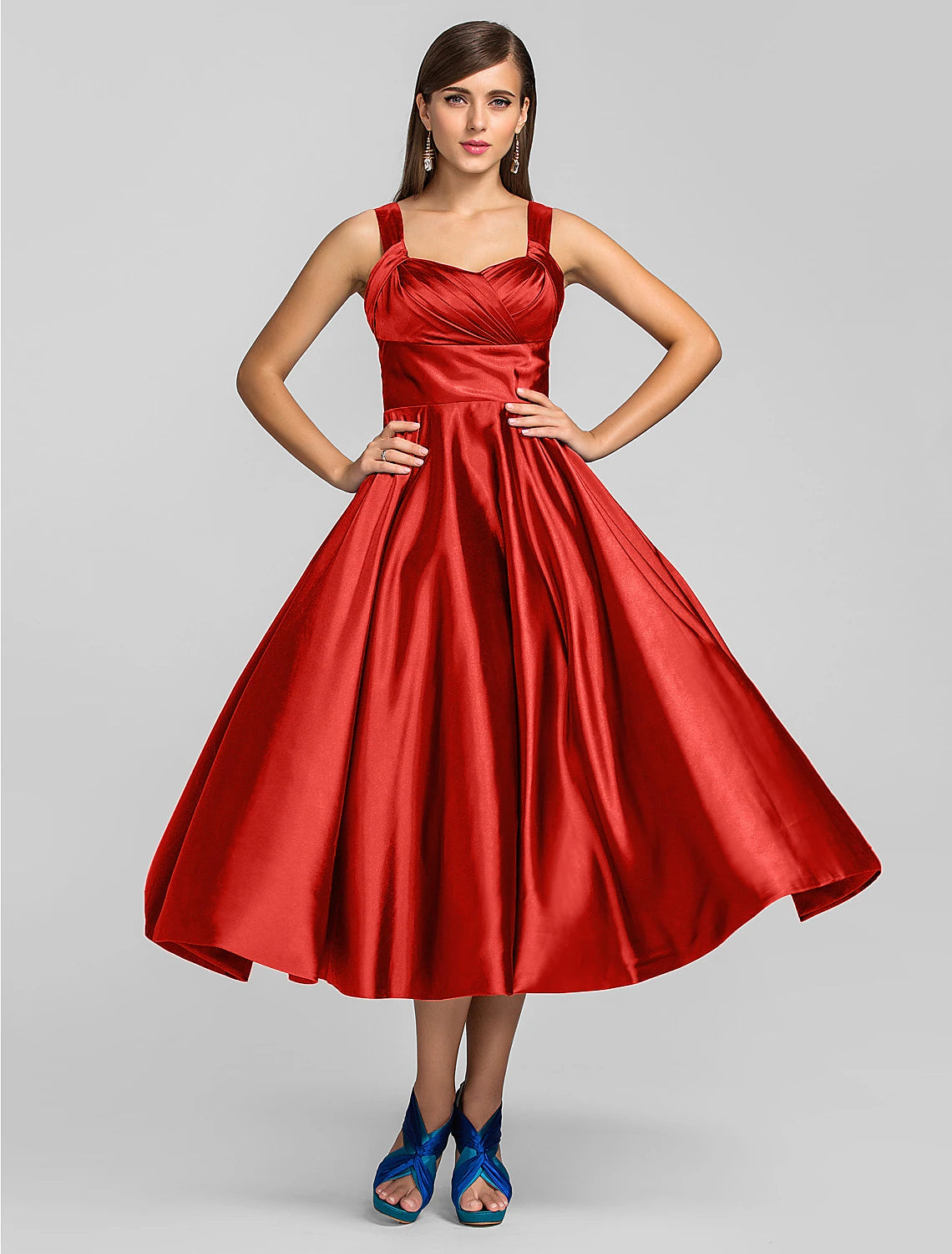 Vestido minimalista de corte A para invitada de boda, cóctel, largo hasta la rodilla, sin mangas, escote cuadrado, satén elástico con entrecruzamiento