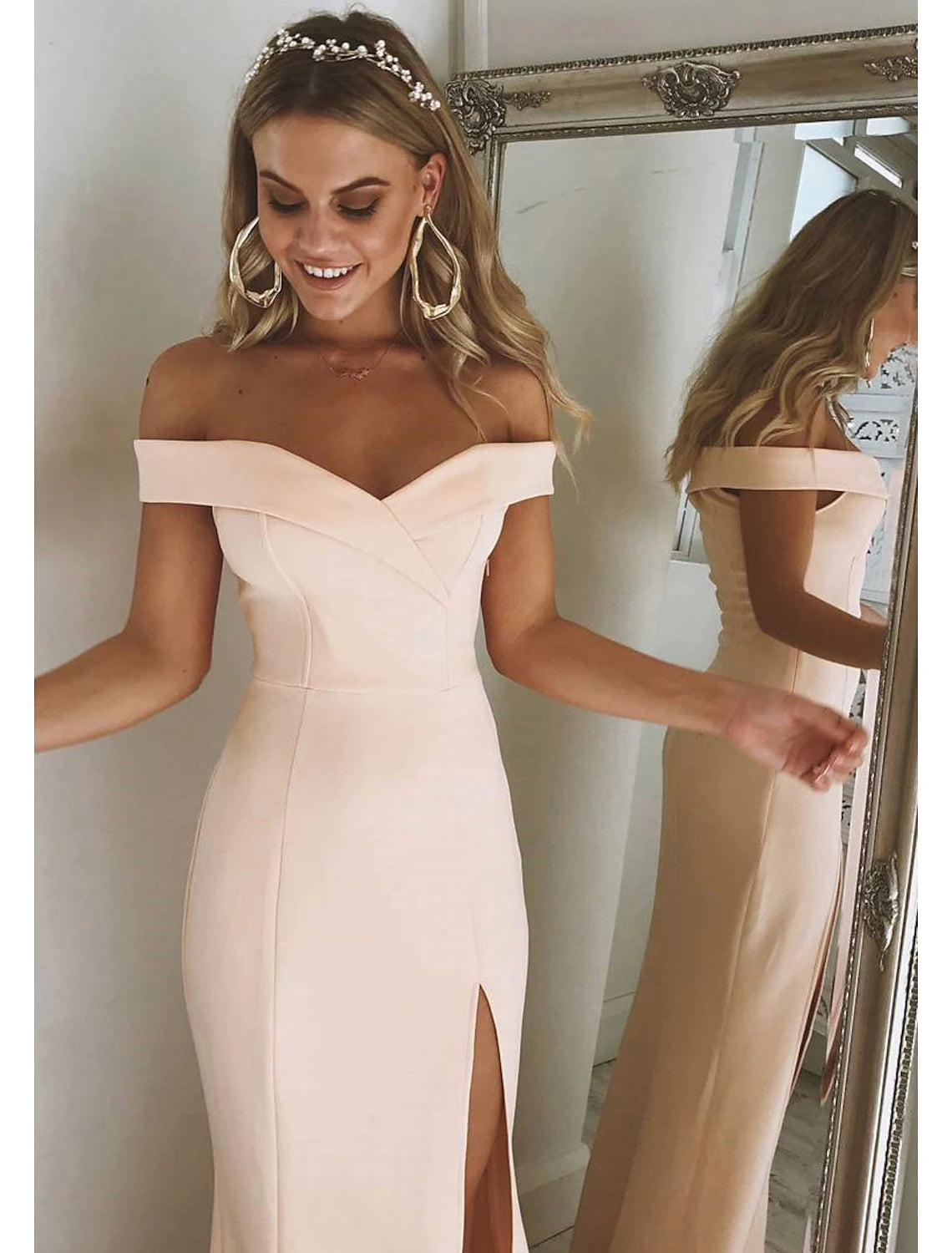 Vestido de fiesta de sirena/trompeta, sexy, formal, para invitados de boda, largo hasta el suelo, sin mangas, con hombros descubiertos, para dama de honor, tejido elástico con abertura