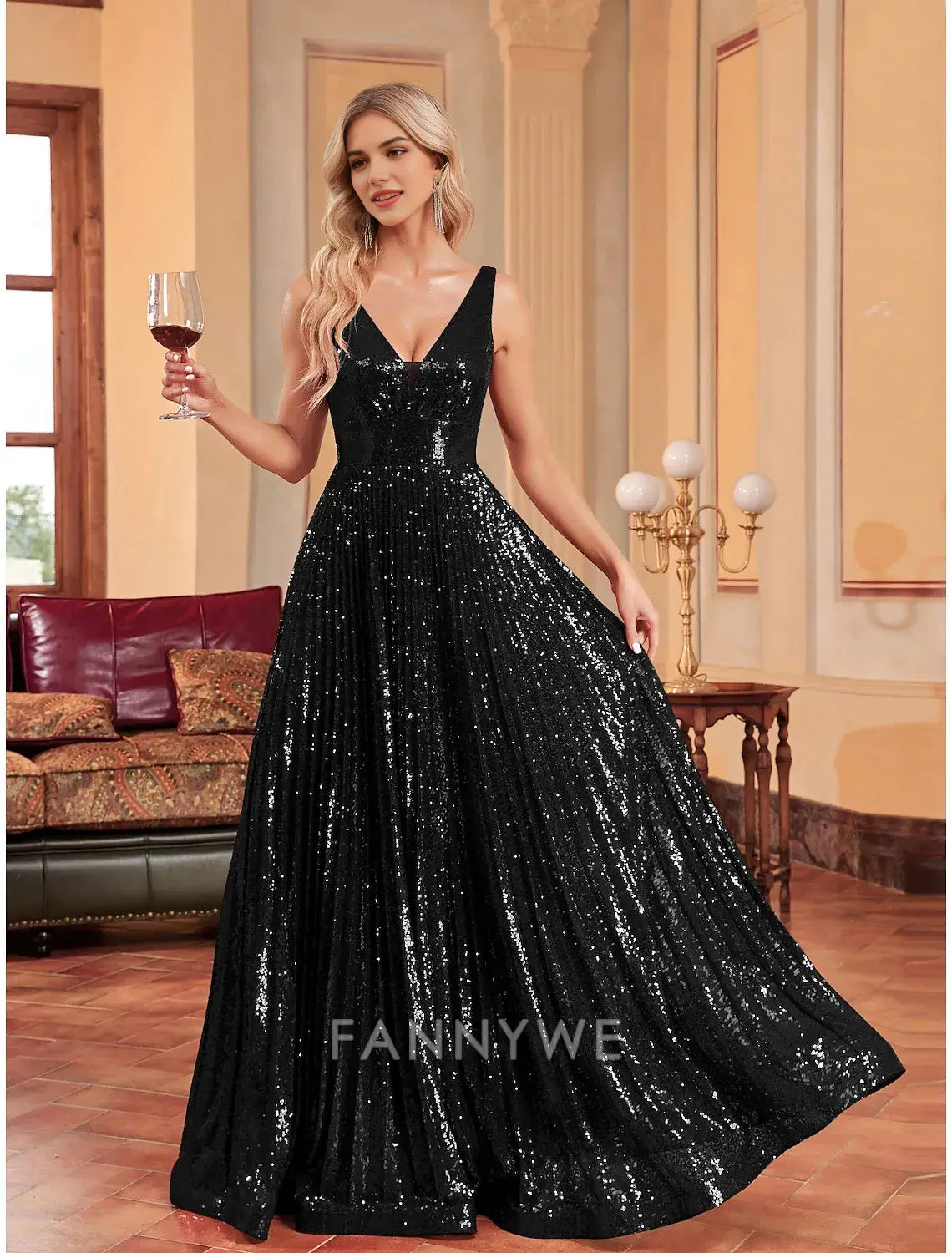 FannyWe Simple A-Line Prom Dresses Party Dress Evening Party Cocktail Party Floor Length Sleeveless Plunge Neck Polyester with Glitter Knief Pleats