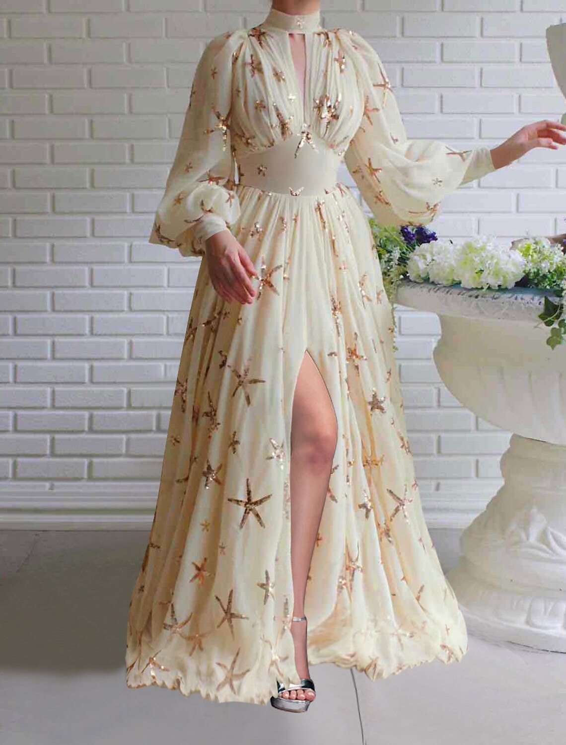 A-Line Prom Dresses Plus Size Dress Wedding Guest Engagement Sweep / Brush Train Long Sleeve High Neck Chiffon with Pleats Sequin Slit