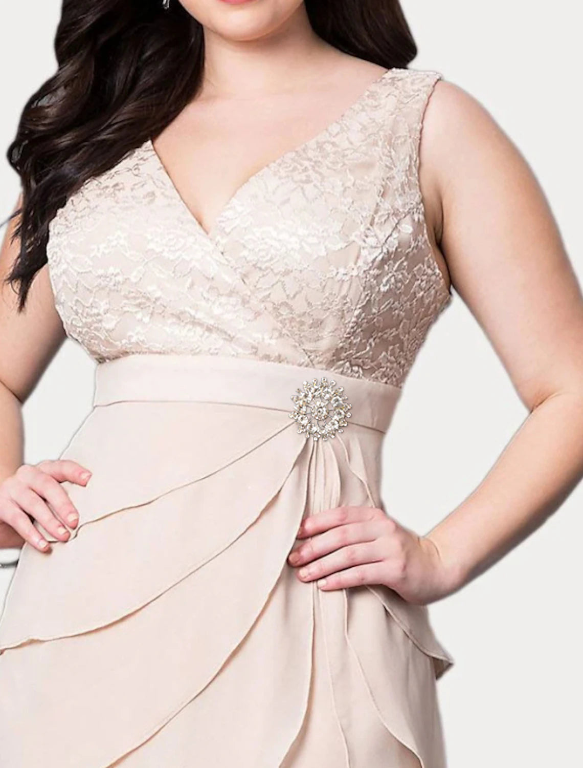 Two Piece Sheath / Column Mother of the Bride Dress Wedding Guest Church Elegant V Neck Knee Length Chiffon Lace 3/4 Length Sleeve Wrap Included with Embroidery Cascading Ruffles