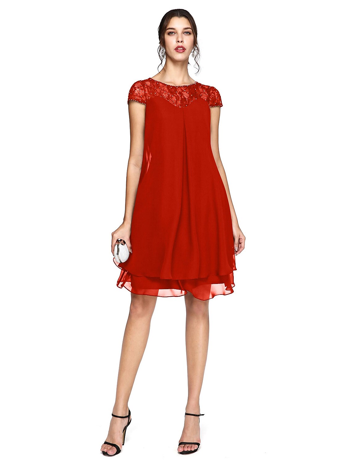 Vestido de madre de la novia de corte A, talla grande, elegante, cuello ilusión, largo hasta la rodilla, gasa, encaje, manga corta con lentejuelas