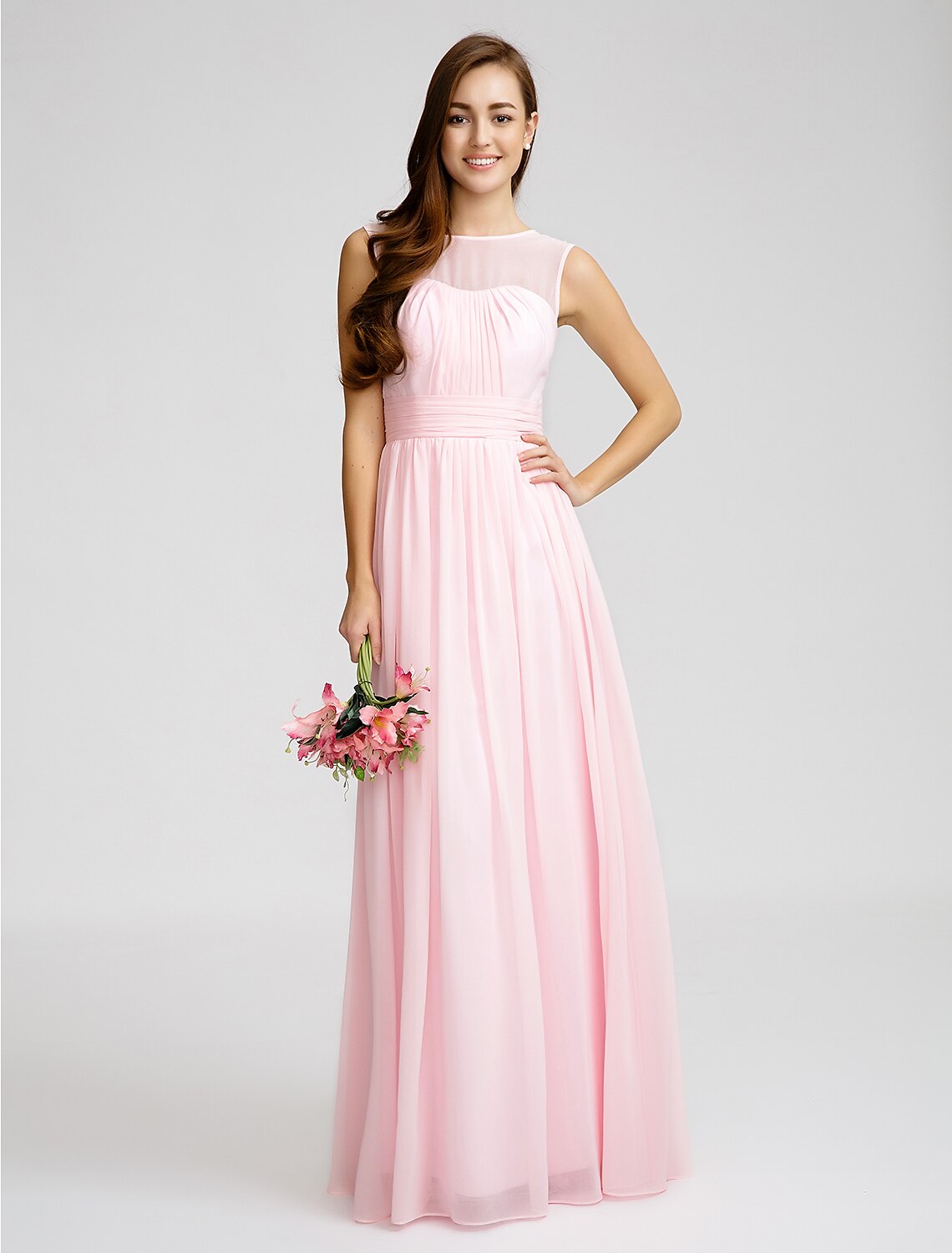 A-Line / Ball Gown Jewel Neck Floor Length Chiffon Bridesmaid Dress with Draping / Sash / Ribbon