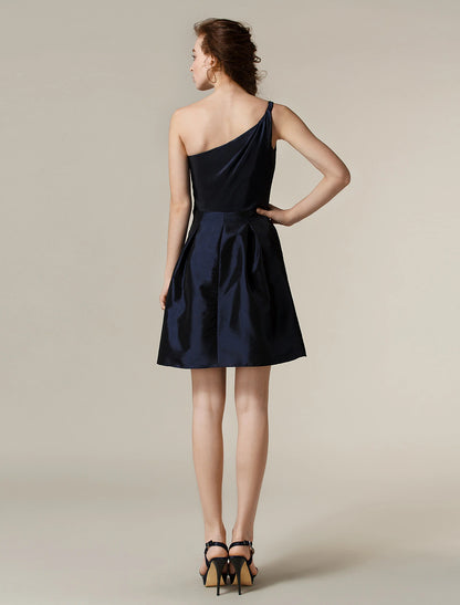 A-Line / Princess One Shoulder Short / Mini Taffeta Bridesmaid Dress