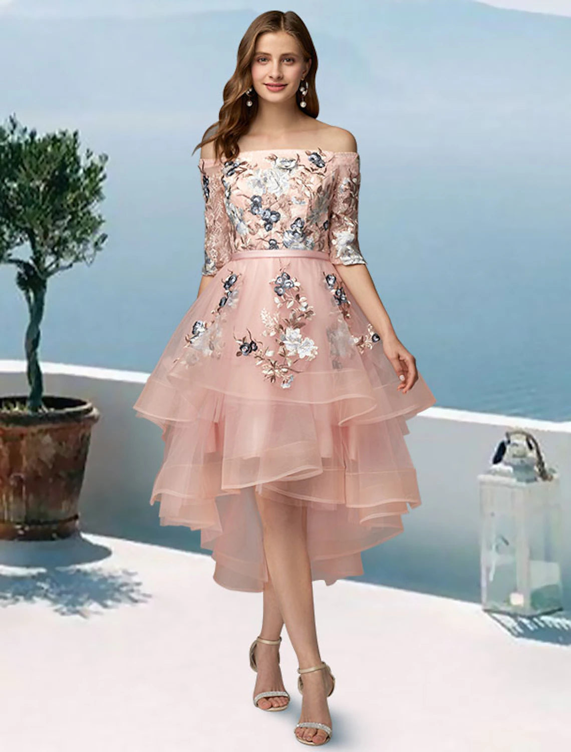 A-Line Prom Dresses Floral Dress Evening Party Wedding Party Asymmetrical Half Sleeve Off Shoulder Satin with Embroidery Applique