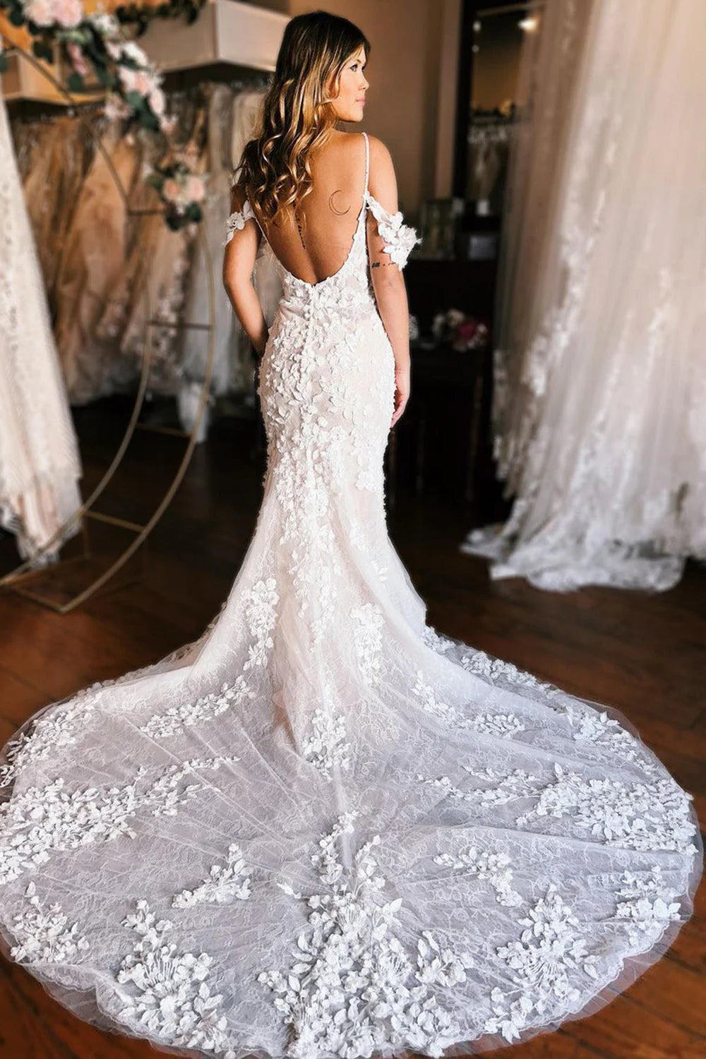Mermaid Off the Shoulder Train Wedding Dress