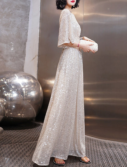 A-Linien-Partykleid, funkelnd, elegant, Verlobungs-/Ballkleid, V-Ausschnitt, halbe Ärmel, bodenlang, mit Pailletten und Falten