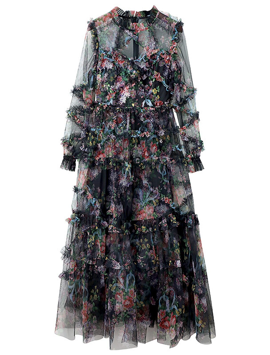 Vestido de fiesta de corte A, floral, para invitados de boda, de compromiso, largo hasta el tobillo, manga larga, cuello joya, poliéster con volantes, estampado/estampado