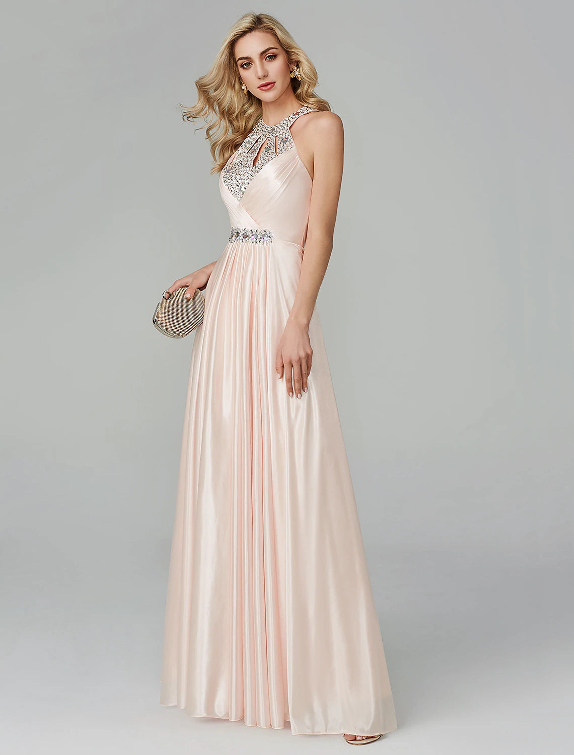 Vestido negro de corte A para fiesta, para invitada de boda, largo hasta el suelo, sin mangas, cuello halter, de seda, sin espalda, con cristales y lentejuelas