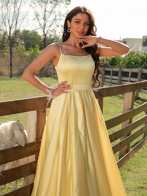 A-Line/Princess Satin Ruffles Spaghetti Straps Sleeveless Sweep/Brush Train Dresses