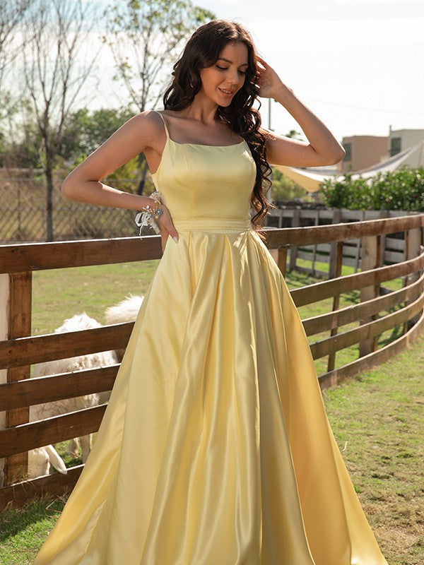 A-Line/Princess Satin Ruffles Spaghetti Straps Sleeveless Sweep/Brush Train Dresses