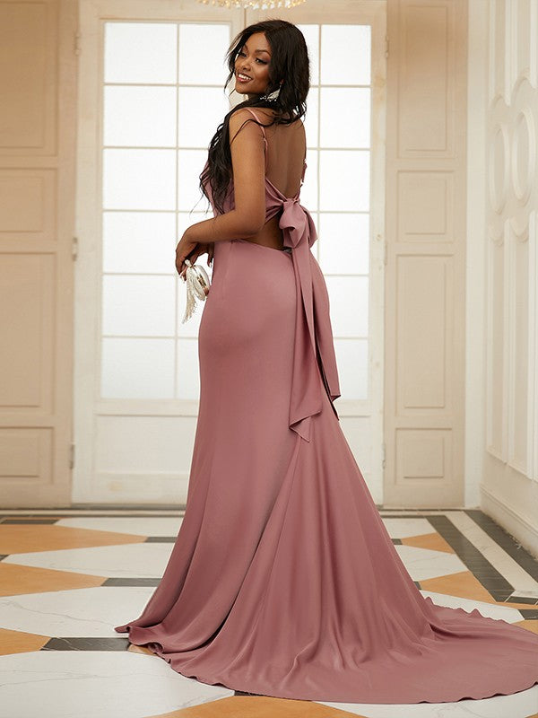 Sheath/Column NS Elastic Woven Satin Ruched Spaghetti Straps Sleeveless Sweep/Brush Train Dresses