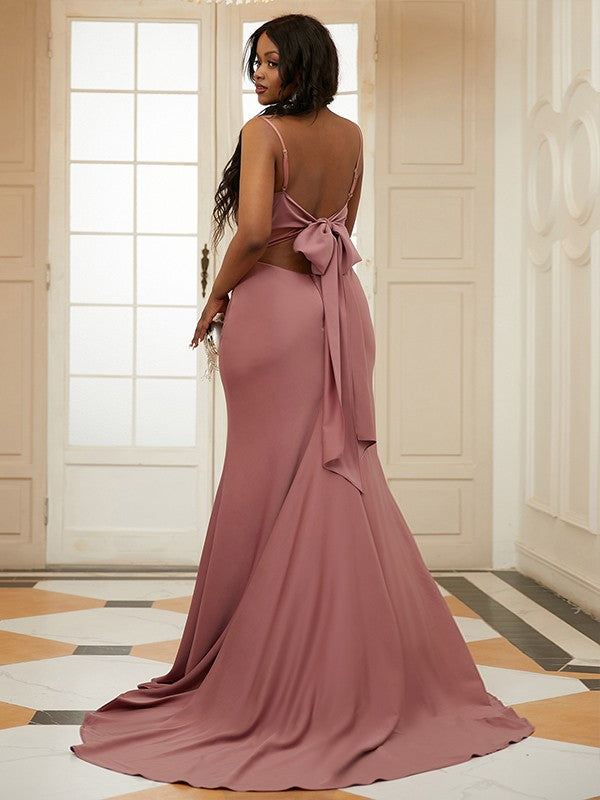 Sheath/Column NS Elastic Woven Satin Ruched Spaghetti Straps Sleeveless Sweep/Brush Train Dresses