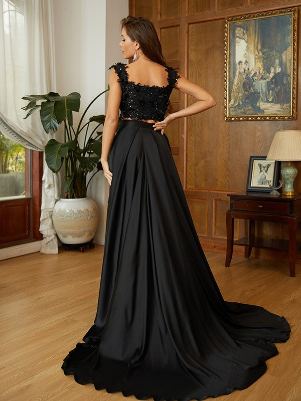 A-Line/Princess Woven Satin Applique Off-the-Shoulder Sleeveless Sweep/Brush Train Two Piece Dresses