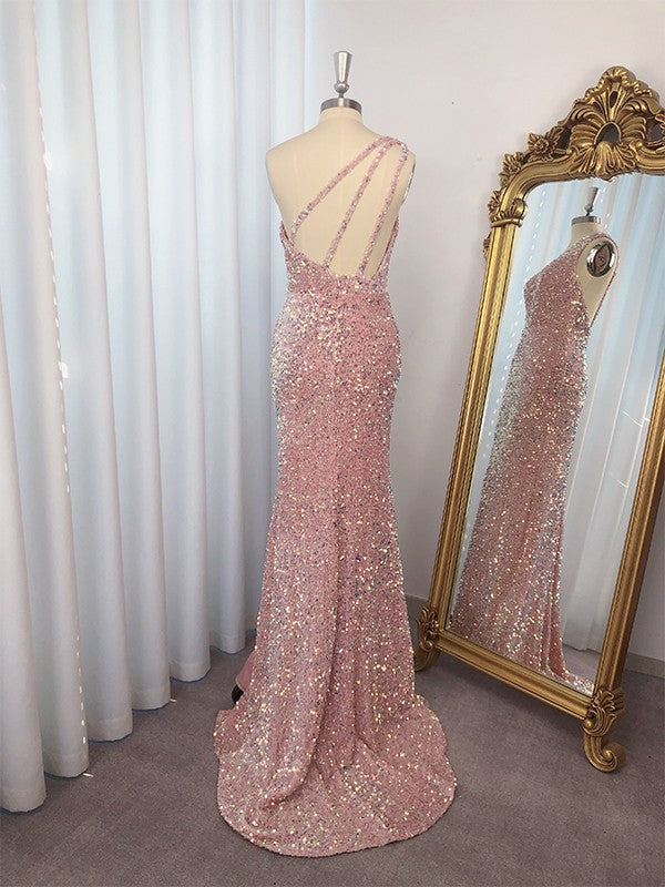 Vestidos de fiesta con lentejuelas, un hombro, sin mangas, con cola larga