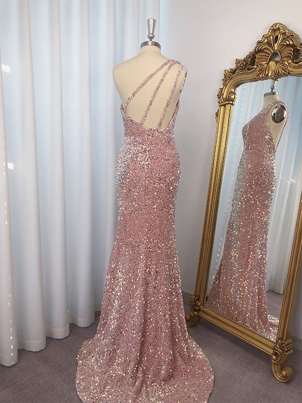 Vestidos de fiesta con lentejuelas, un hombro, sin mangas, con cola larga