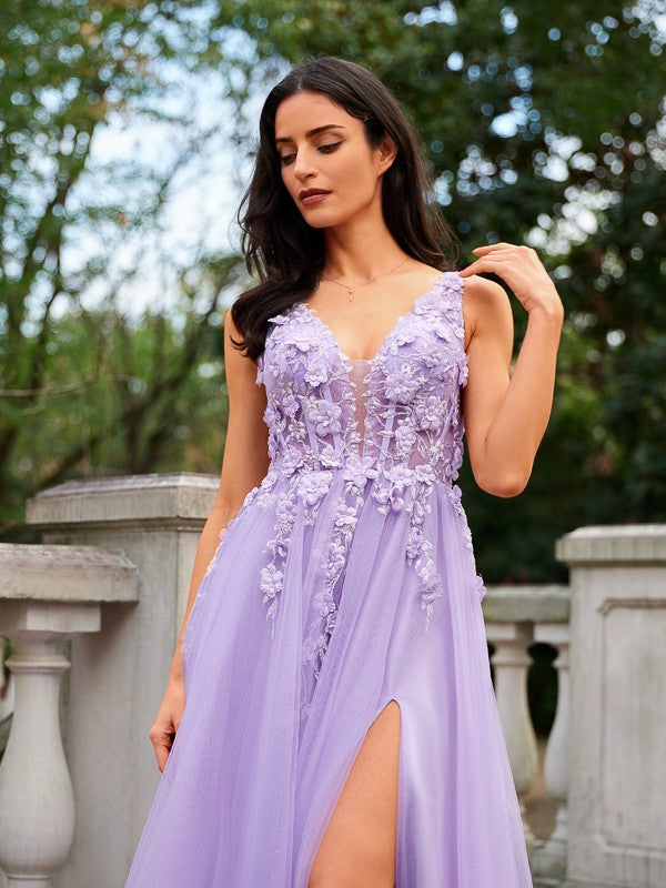Vestidos de corte A/princesa con apliques de tul, escote en V, sin mangas y hasta el suelo