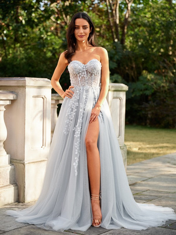 A-Line/Princess Tulle Applique V-neck Sleeveless Floor-Length Dresses