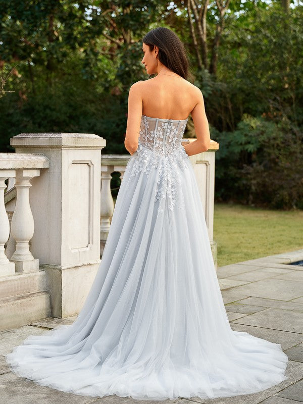 A-Line/Princess Tulle Applique V-neck Sleeveless Floor-Length Dresses