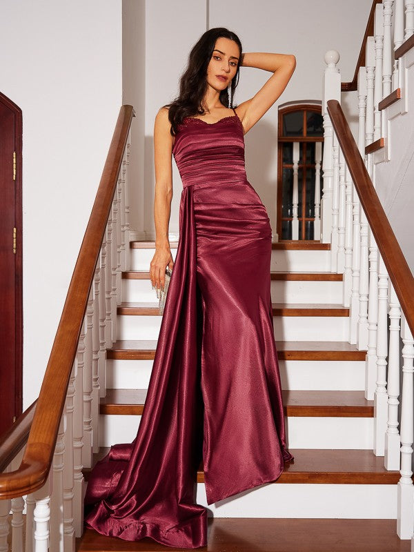 Sheath/Column Elastic Woven Satin Ruched Spaghetti Straps Sleeveless Sweep/Brush Train Dresses