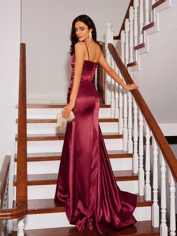 Sheath/Column Elastic Woven Satin Ruched Spaghetti Straps Sleeveless Sweep/Brush Train Dresses