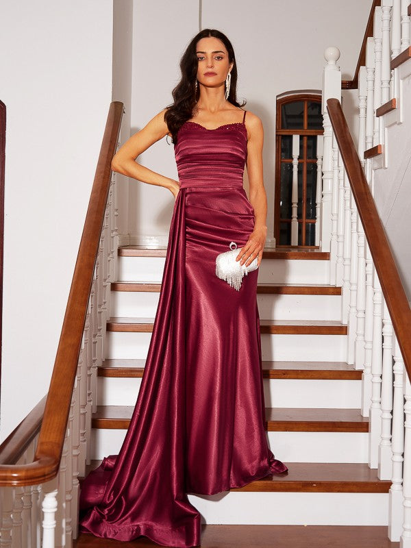 Sheath/Column Elastic Woven Satin Ruched Spaghetti Straps Sleeveless Sweep/Brush Train Dresses