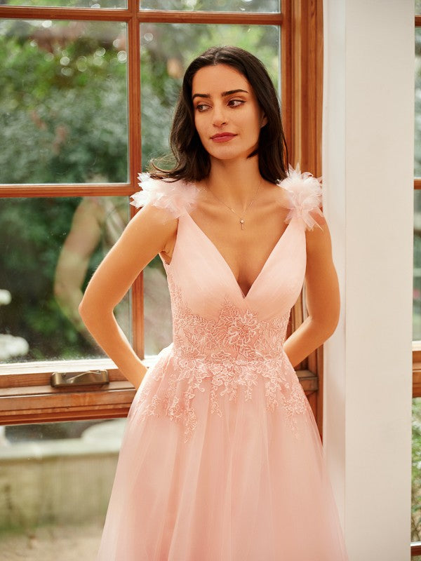 A-Line/Princess Tulle Applique V-neck Sleeveless Floor-Length Dresses