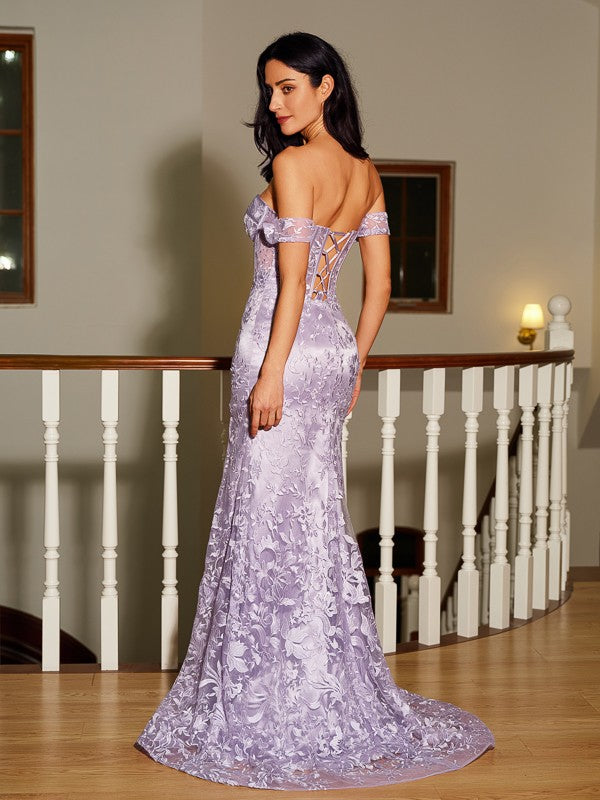 Sheath/Column NS Woven Satin Lace Off-the-Shoulder Sleeveless Sweep/Brush Train Dresses