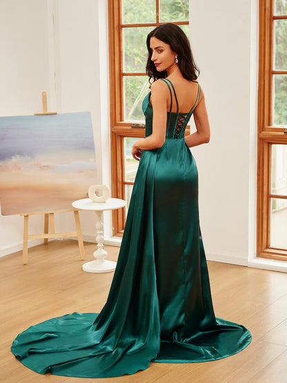Sheath/Column Elastic Woven Satin Ruched V-neck Sleeveless Sweep/Brush Train Dresses