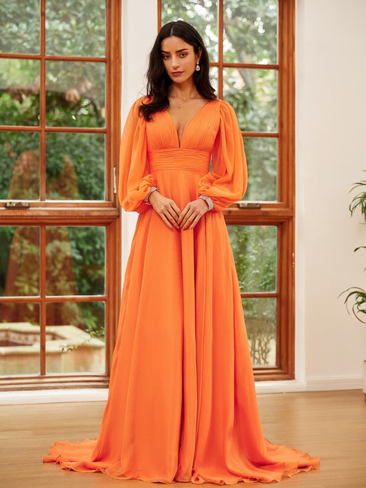 A-Linie/Princess-Linie 30D Chiffon Rüschen V-Ausschnitt Lange Ärmel Sweep/Pinsel zug Kleider