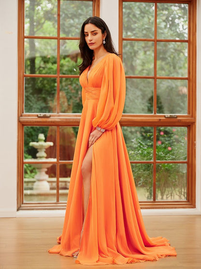 A-Linie/Princess-Linie 30D Chiffon Rüschen V-Ausschnitt Lange Ärmel Sweep/Pinsel zug Kleider