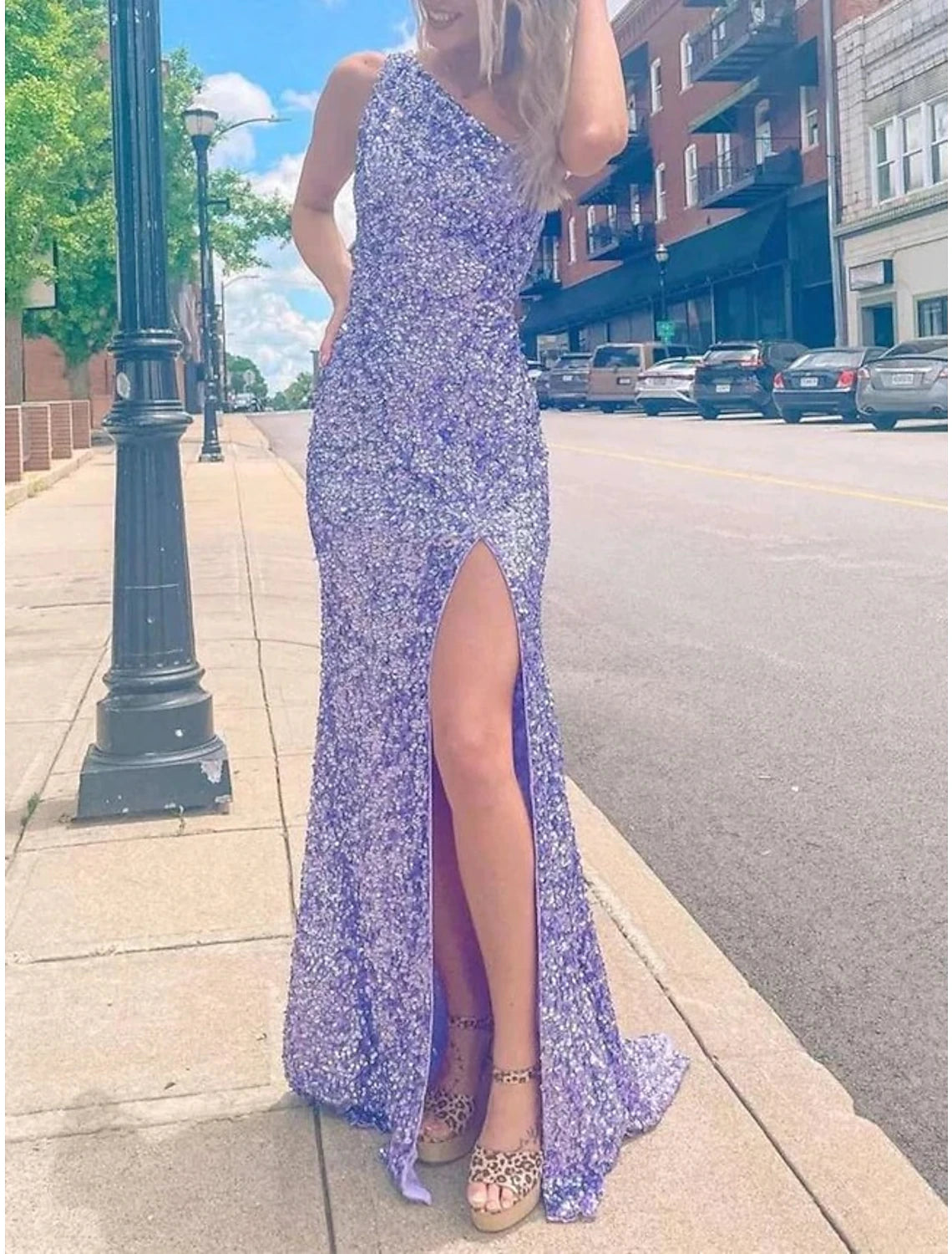 Vestidos de fiesta sexys brillantes y brillantes, vestido de noche formal con abertura alta, sirena, un hombro, sin mangas, cola de barrido/cepillo con lentejuelas