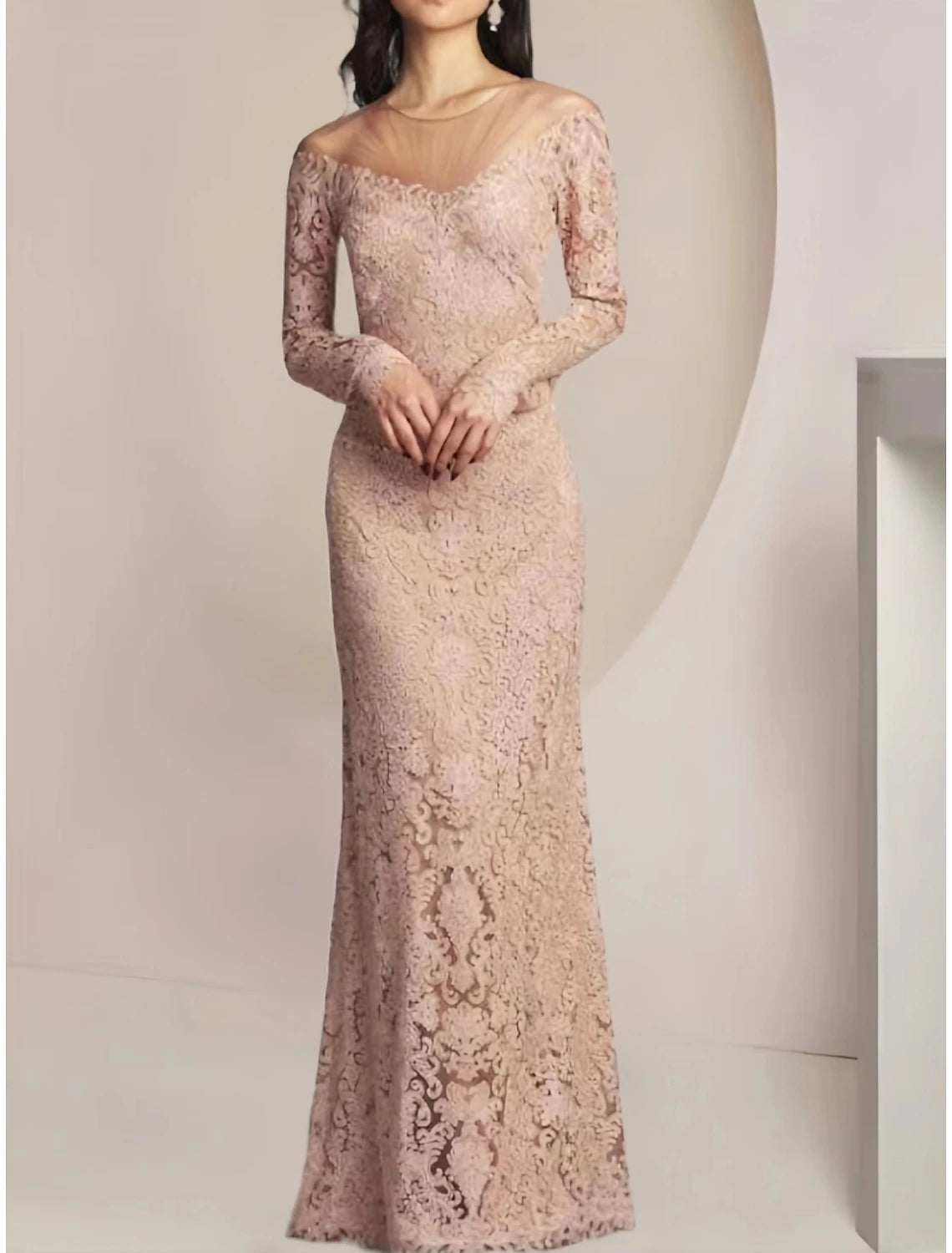 Etuikleid/Säulenkleid für die Brautmutter, Hochzeitsgast, elegant, Illusionsausschnitt, bodenlang, Spitze, lange Ärmel, einfarbig