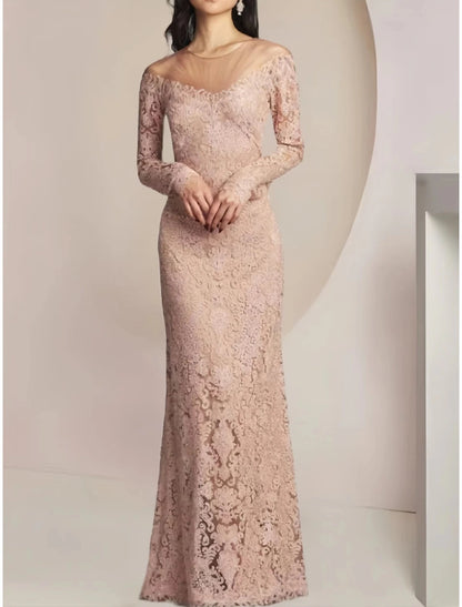Etuikleid/Säulenkleid für die Brautmutter, Hochzeitsgast, elegant, Illusionsausschnitt, bodenlang, Spitze, lange Ärmel, einfarbig