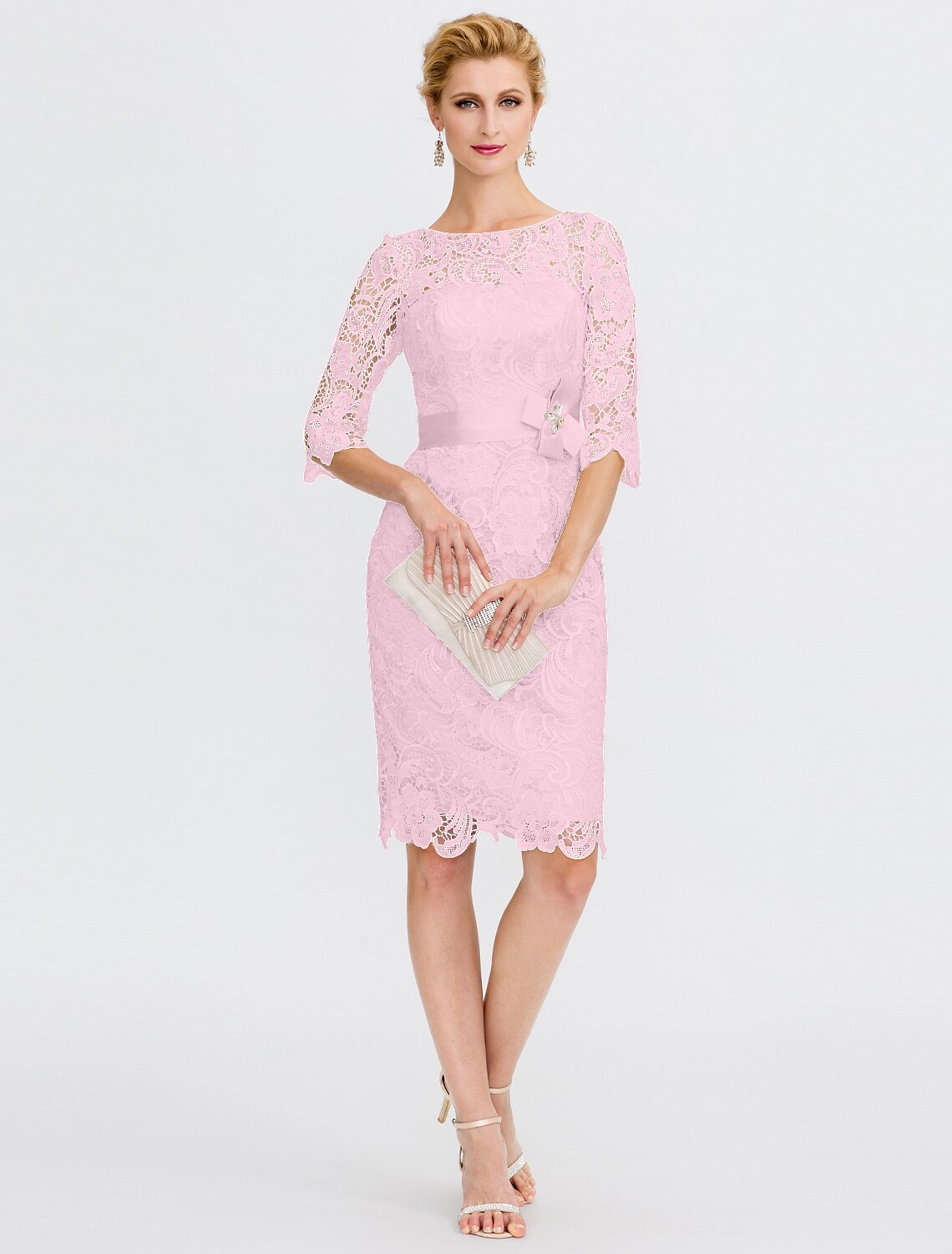 Sheath / Column Mother of the Bride Dress Formal Wedding Guest Plus Size Elegant Illusion Neck Knee Length All Over Lace 3/4 Length Sleeve with Bow(s)