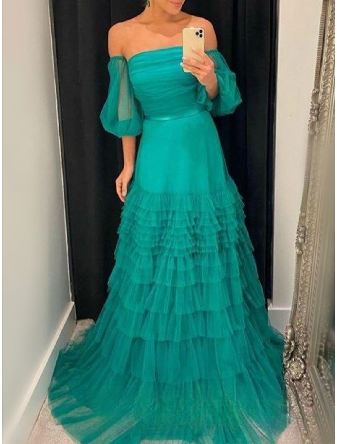 A-Line Prom Dresses Elegant Dress Formal Sweep / Brush Train Half Sleeve Strapless Tulle with Pleats Ruched Ruffles