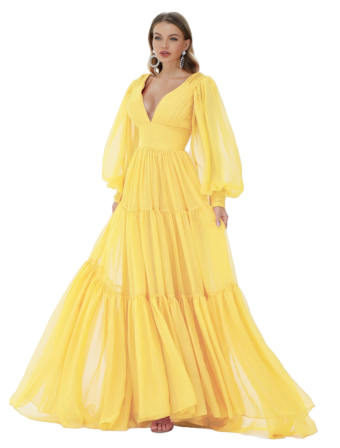 Vestidos de fiesta de corte A, sexys, para fiesta, formales, de noche, con cola larga y escote en V, de gasa con fruncido.